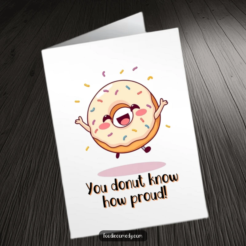 Funny Free Printable Congrats Card: A happy donut with sprinkles flying, leaping with joy to celebrate an achievement.