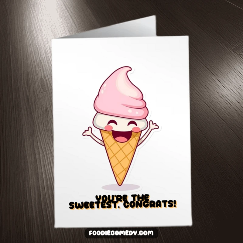 Hilarious free printable congratulations card featuring a laughing ice cream cone doing a funky shimmy, celebrating success with glee.