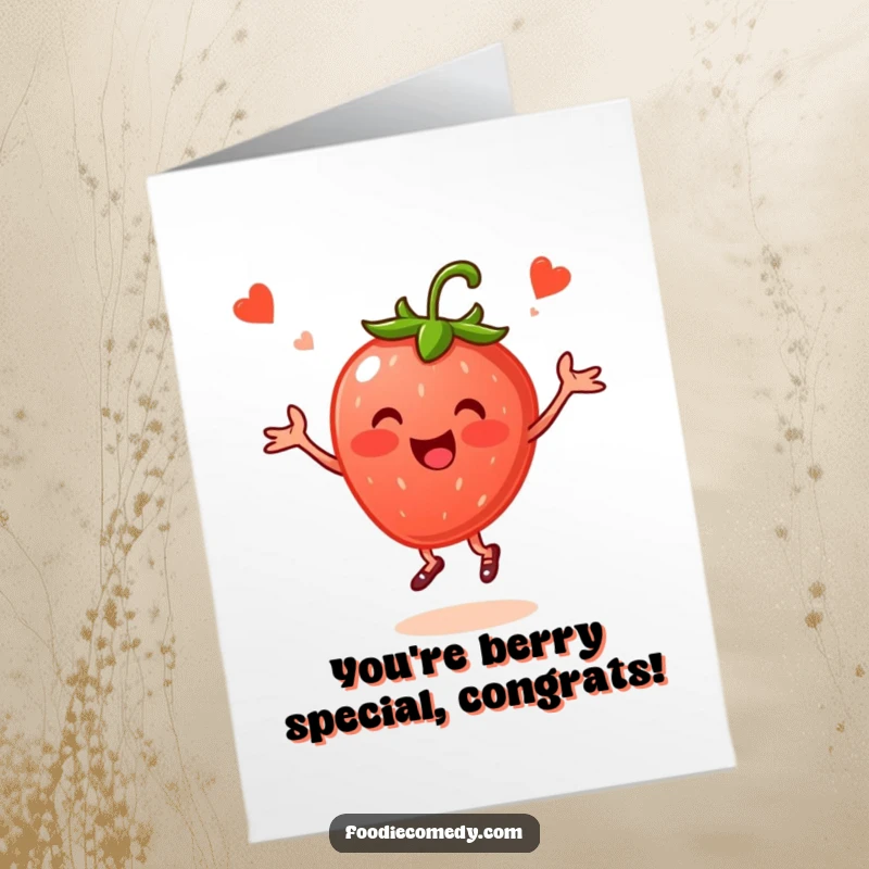 Funny Free Printable Congratulations Card: Cheerful strawberry doing a lively folk dance, a joyful berry celebrating success.