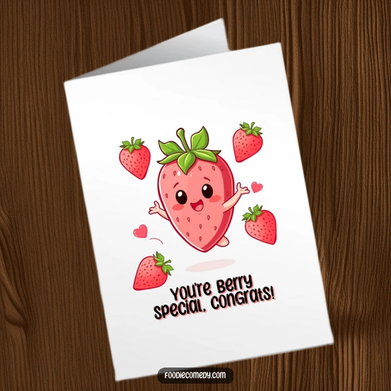 Funny free printable congratulations card showing a strawberry character spinning with pure excitement.