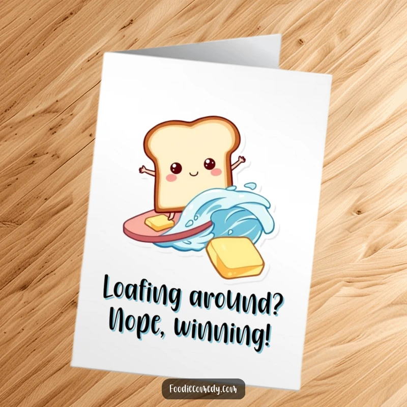 Funny Free Printable Congratulations Card of a bread slice surfing a butter wave, representing a smooth and successful journey.
