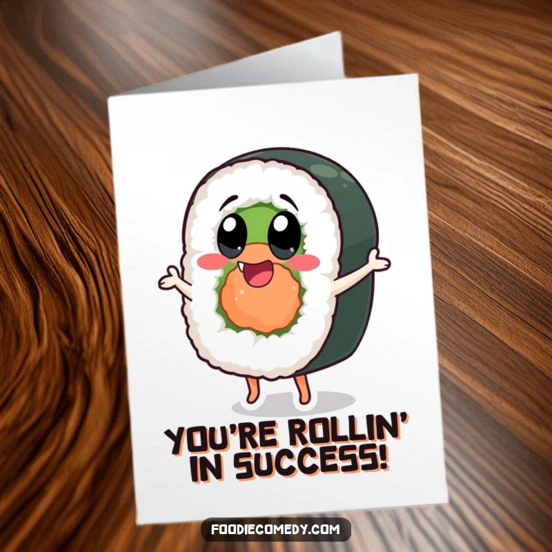 Funny free printable congratulations card featuring a dancing sushi roll with exaggerated happy eyes, celebrating success.