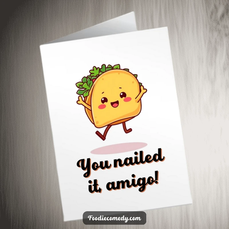 Funny free printable congratulations card showing a festive taco character with legs doing a lively and slightly chaotic salsa.