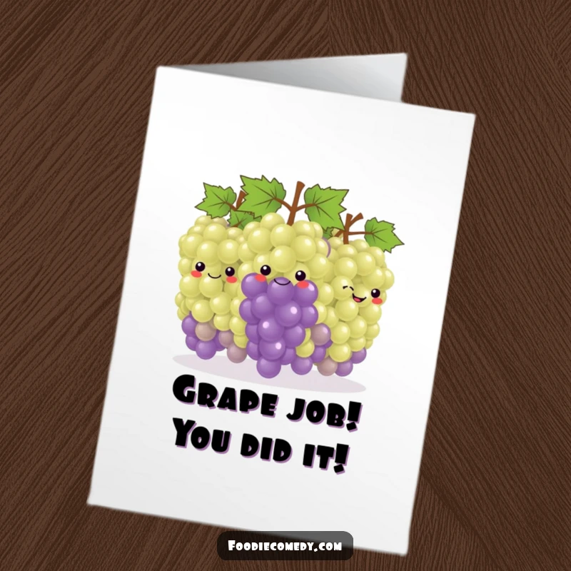 Funny Free Printable Congratulations Card: A happy bunch of grapes in a conga line, swaying and smiling, celebrating good news.