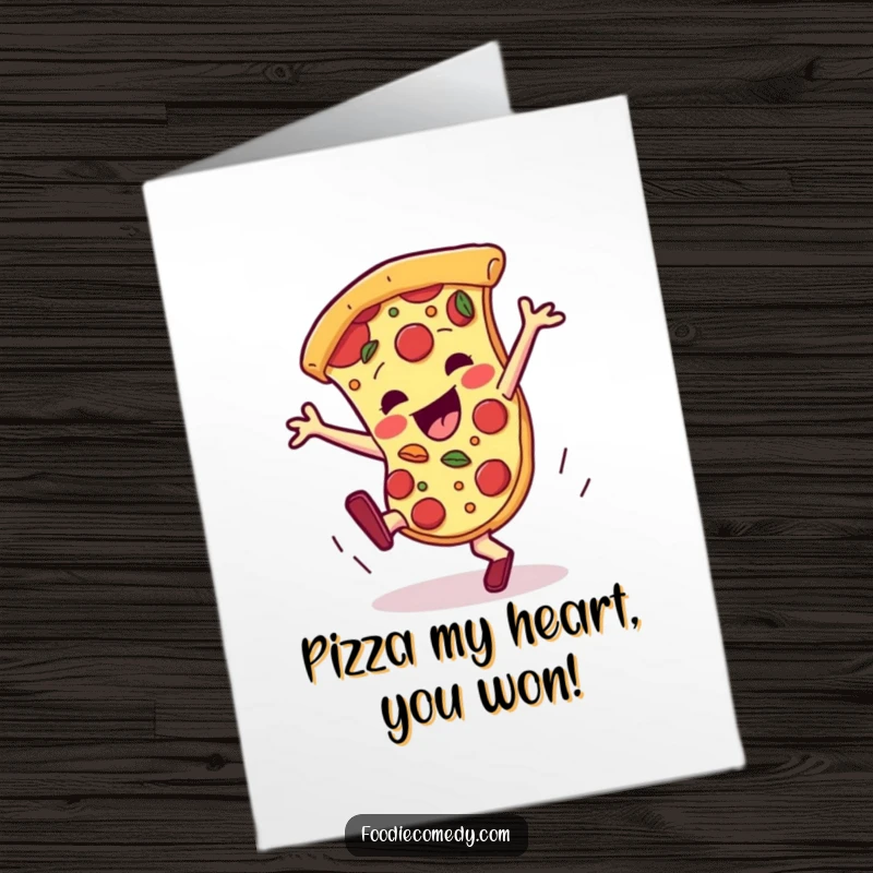 Funny Free Printable Congratulations Card: An energetic pizza slice breakdances with its toppings, signifying awesome achievement.