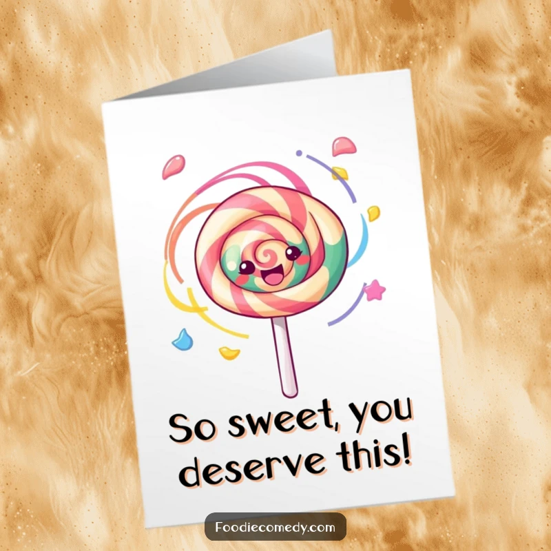 Funny Free Printable Congratulations Card: Cute kawaii lollipop with colorful swirls, celebrating great news with excitement.