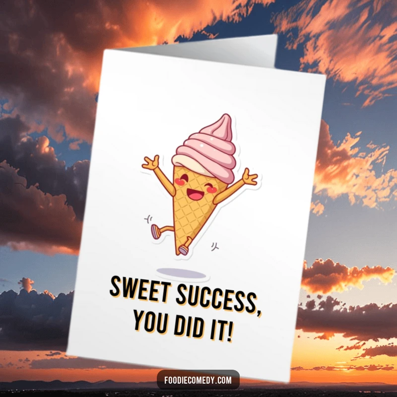 Funny Free Printable Congratulations Card: Grinning ice cream cone attempting energetic cartwheels, a celebratory frozen treat in action.