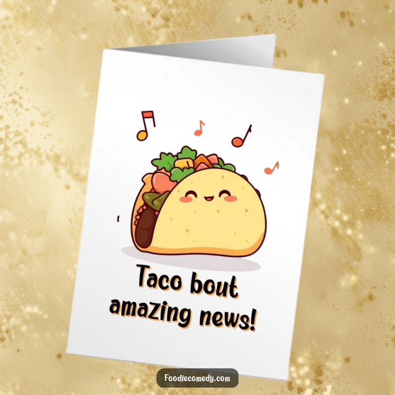 Funny Free Printable Congratulations Card: A happy taco with its shell jiggling, celebrating your success with a fiesta.