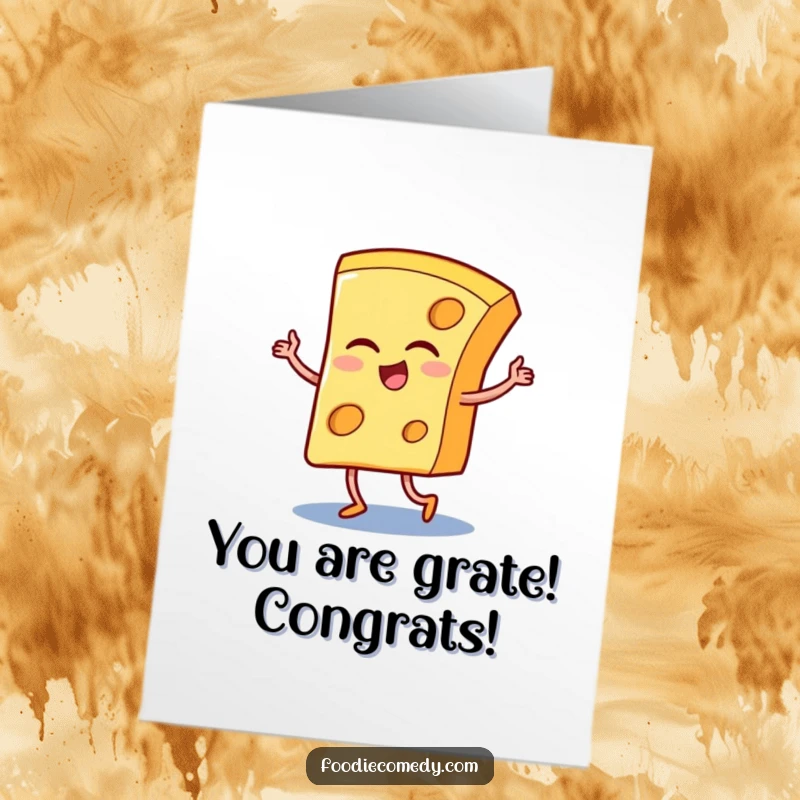 Funny Free Printable Congratulations Card: A winking cheese slice in a tango pose, celebrating your awesome achievement.