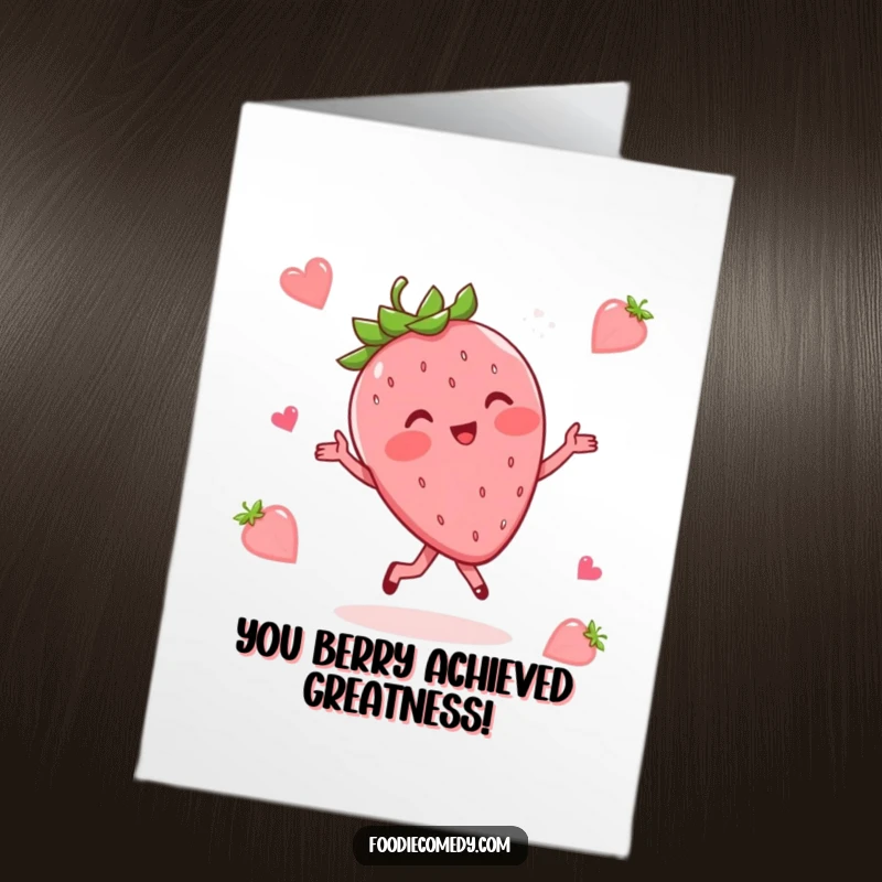 Funny Free Printable Congratulations Card with a blushing strawberry doing a whimsical waltz, celebrating achievements with adorable flair.