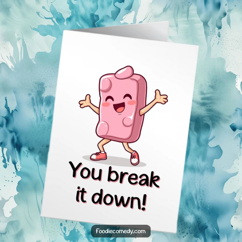 Funny Free Printable Congrats Card: A piece of candy executing a cool breakdance move, celebrating success.