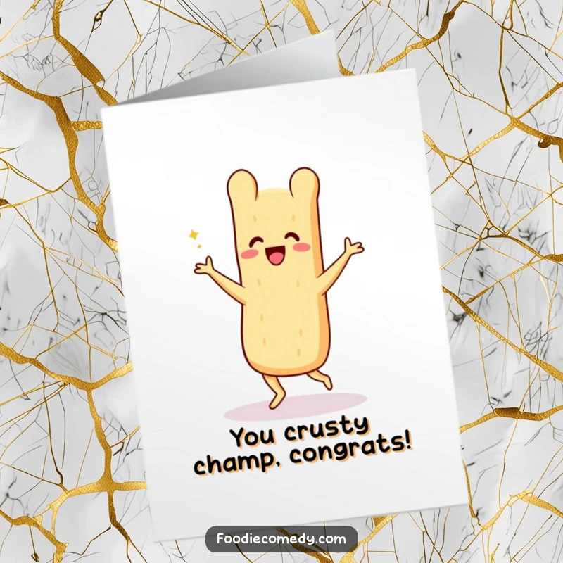 Funny free printable congratulations card: A beaming baguette busts a move with a lively Charleston dance, cheering you on.