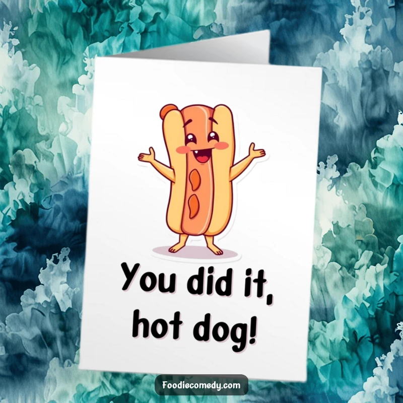 Funny Free Printable Congratulations Card: A hot dog character doing a lively Charleston for celebration.