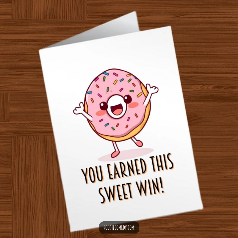 Funny free printable congratulations card depicting a joyful donut character with sprinkles busting some awesome groovy dance moves.