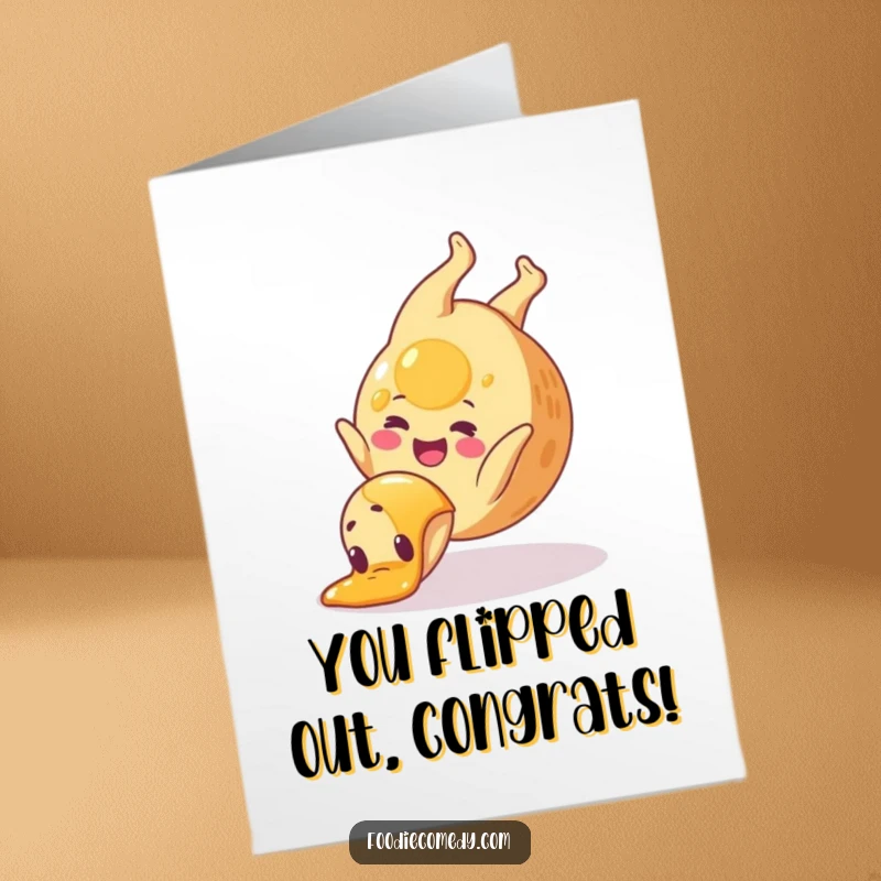 Funny Free Printable Congrats Card: A pancake performs a winning somersault, dripping with syrup and congratulations.