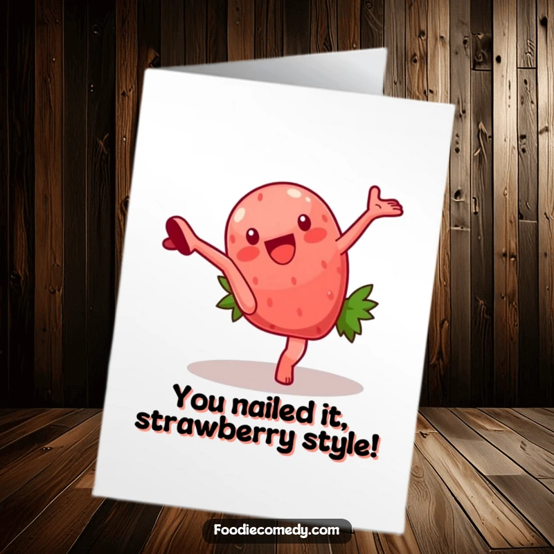 Funny Free Printable Congratulations Card: Energetic strawberry doing a cartwheel, perfect for celebrating any success.