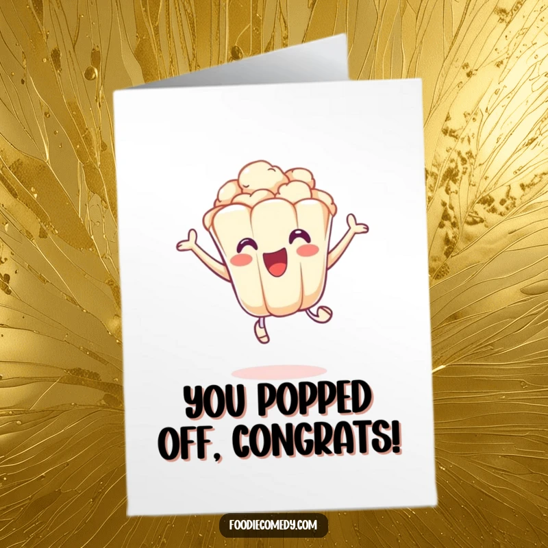 Funny Free Printable Congratulations Card with an excited popcorn kernel doing a playful leap, celebrating milestones with energetic flair.