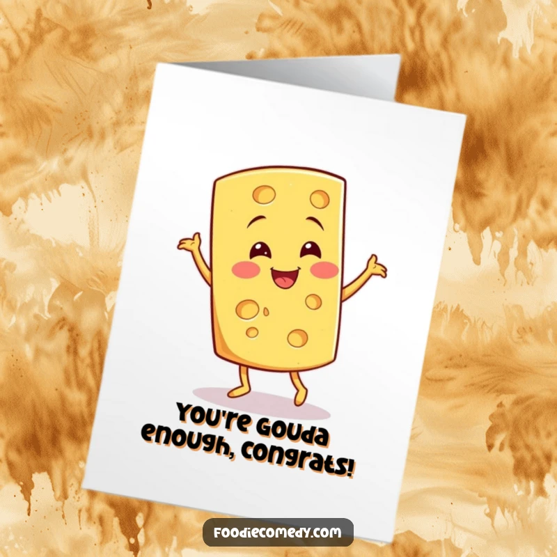 Funny Free Printable Congratulations Card: Smiling cheese wedge doing a fun, quirky jig, a celebratory dairy delight in motion.