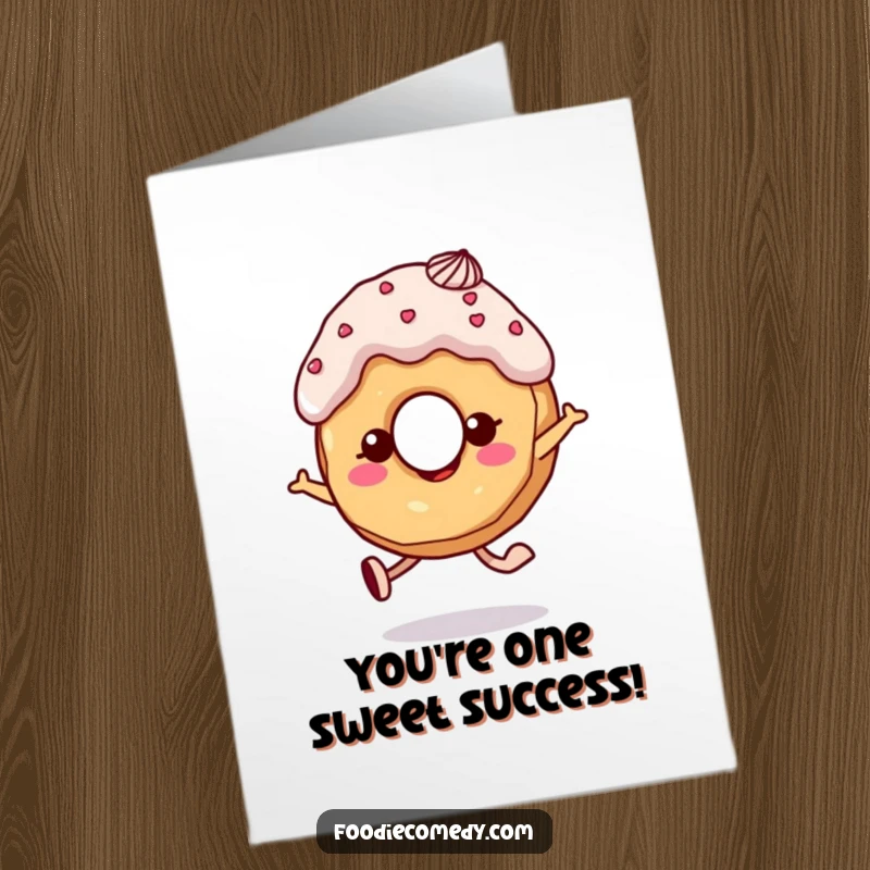 Funny free printable congratulations card featuring a cheerful donut character with frosting hair skipping joyfully, celebrating achievement.