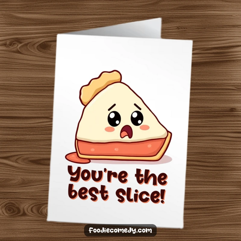 Funny Free Printable Congrats Card: A surprised pie slice, shocked at losing its crust, celebrating a win humorously.