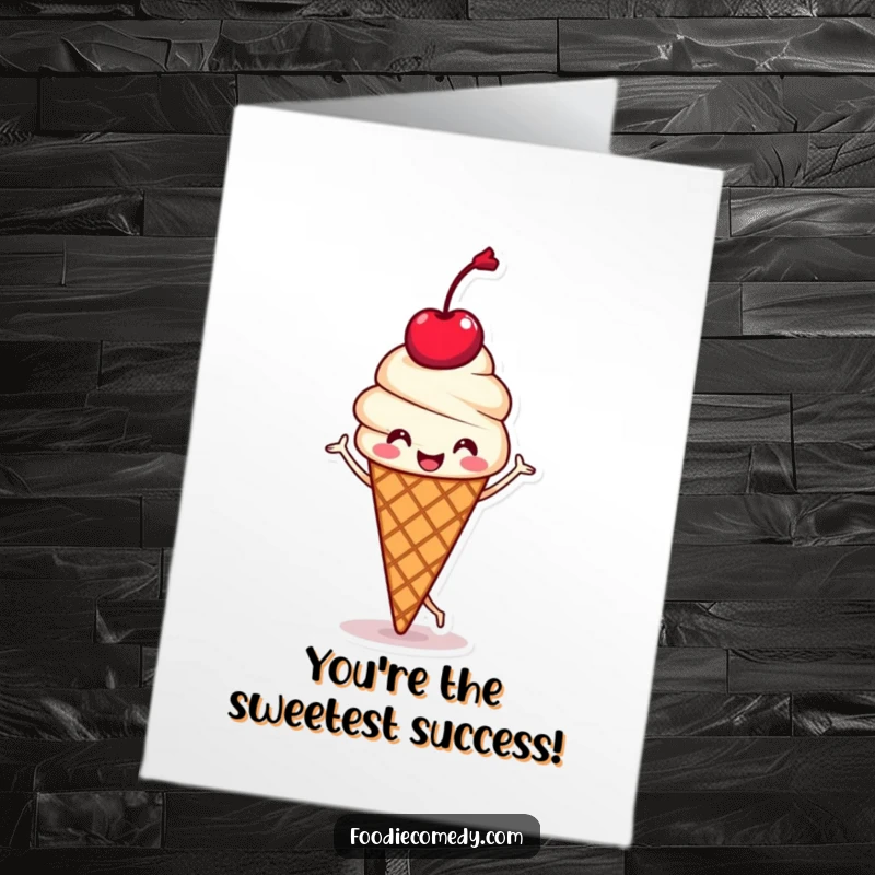 Funny free printable congratulations card with a kawaii ice cream cone doing a happy jig, celebrating sweet achievements.