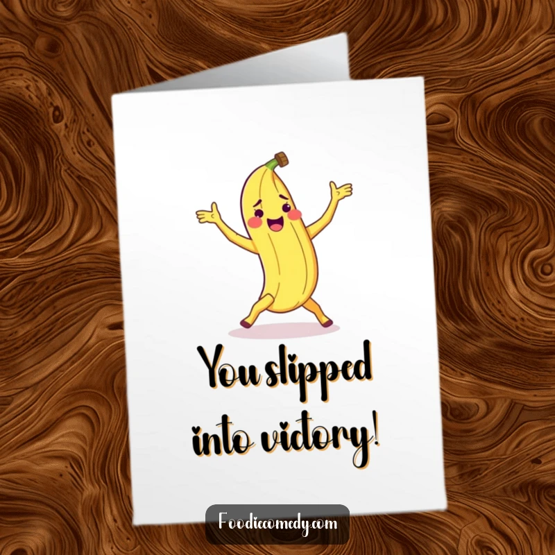 Funny Free Printable Congratulations Card: A happy banana peel doing a clumsy breakdance move, celebrating your success with unexpected flair.