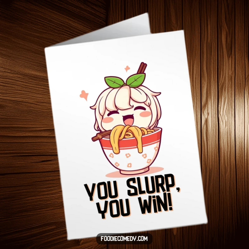 Funny Free Printable Congratulations Card: A happy cup of noodles character slurping noodles with gusto, celebrating a win.