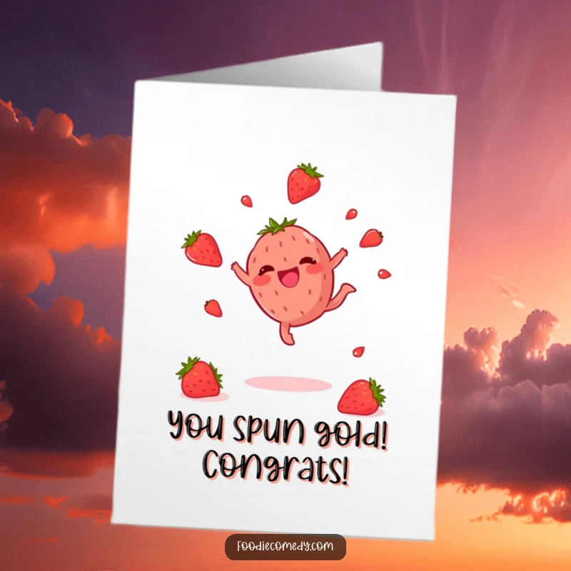 Funny Free Printable Congratulations Card: An excited strawberry performing a dynamic cartwheel to celebrate success.