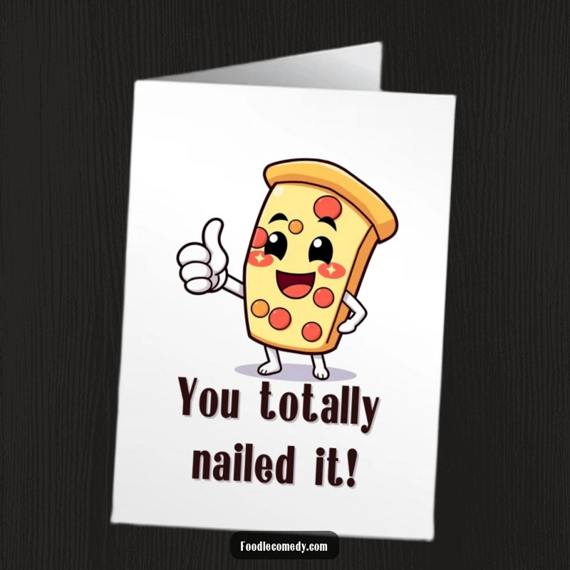 Funny free printable congratulations card with an enthusiastic pizza slice character giving a thumbs-up and a cheesy grin.