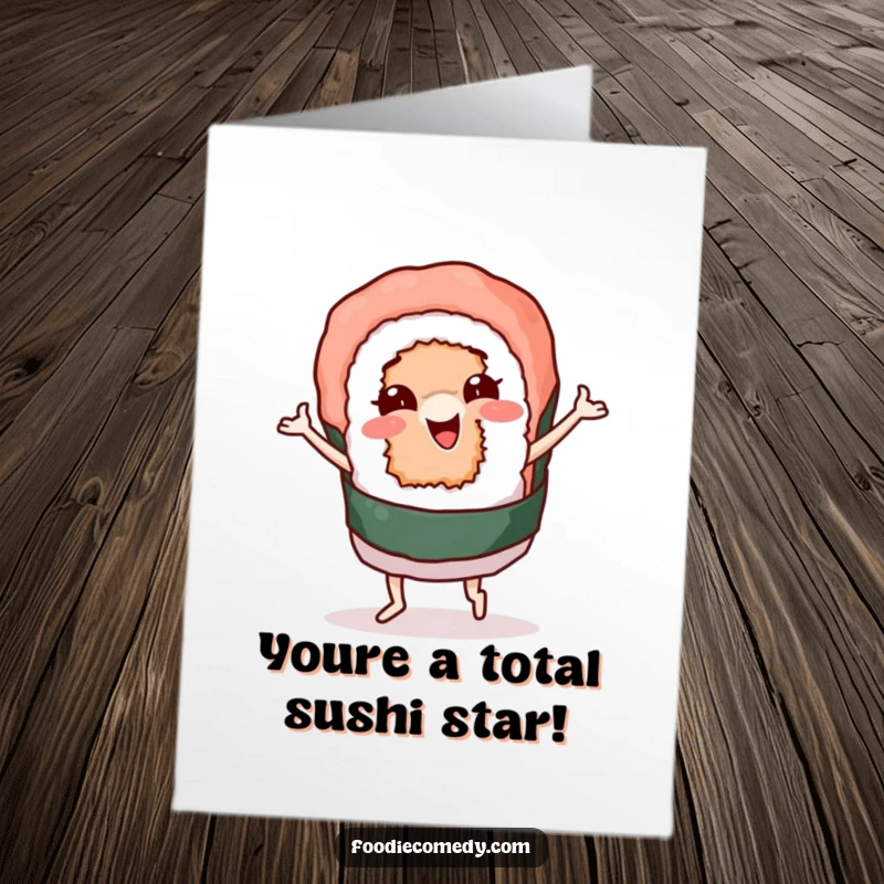 Funny Free Printable Congratulations Card: A lively sushi roll dancing with flair to celebrate success.