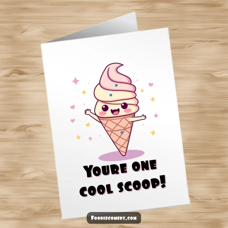 Funny Free Printable Congrats Card: Ice cream cone doing the disco, shimmering and celebrating a big win.