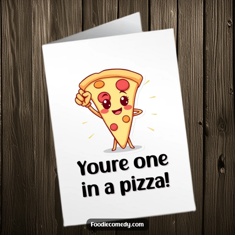 Funny Free Printable Congratulations Card showing a pizza slice hero striking a victorious, celebratory pose.