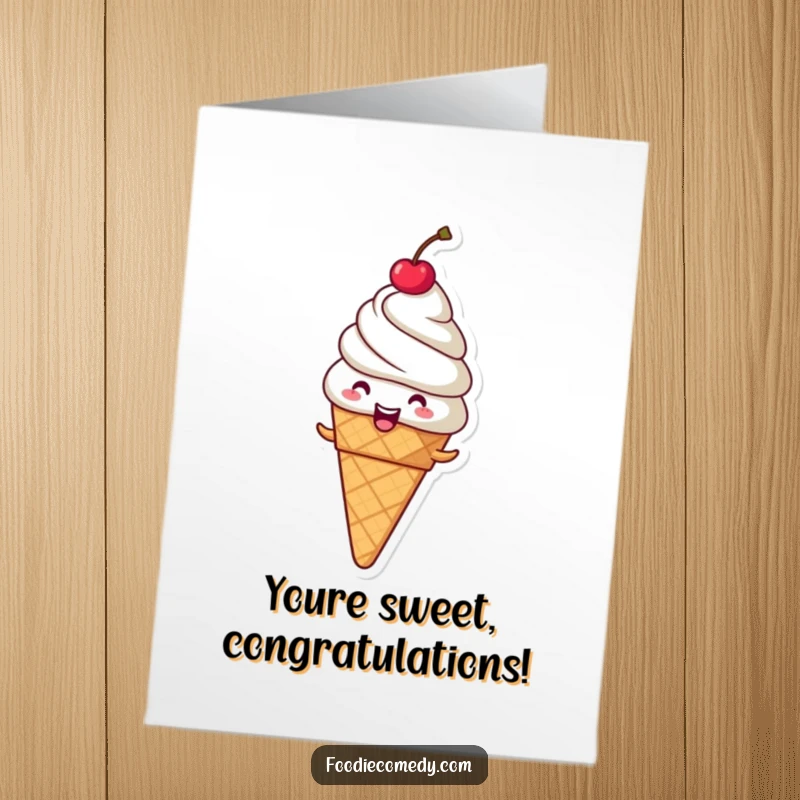 Funny Free Printable Congratulations Card showing a happy ice cream cone with a cherry doing a celebratory spin.