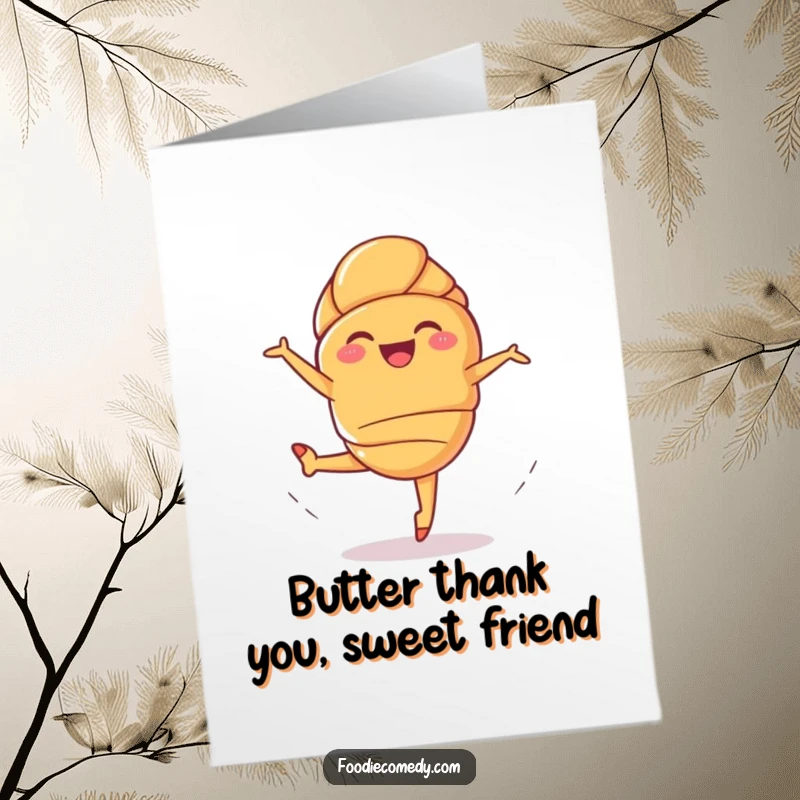 Funny Free Printable Thank You Card: Giggling croissant in a dramatic ballet leap, a thankful pastry expressing elegant gratitude.