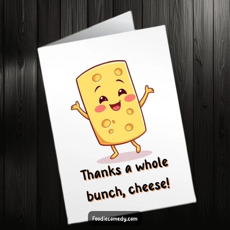 Funny Free Printable Thank You Card: Smiling cheese wedge doing a fun, quirky jig, a thankful dairy character showing cheesy appreciation.