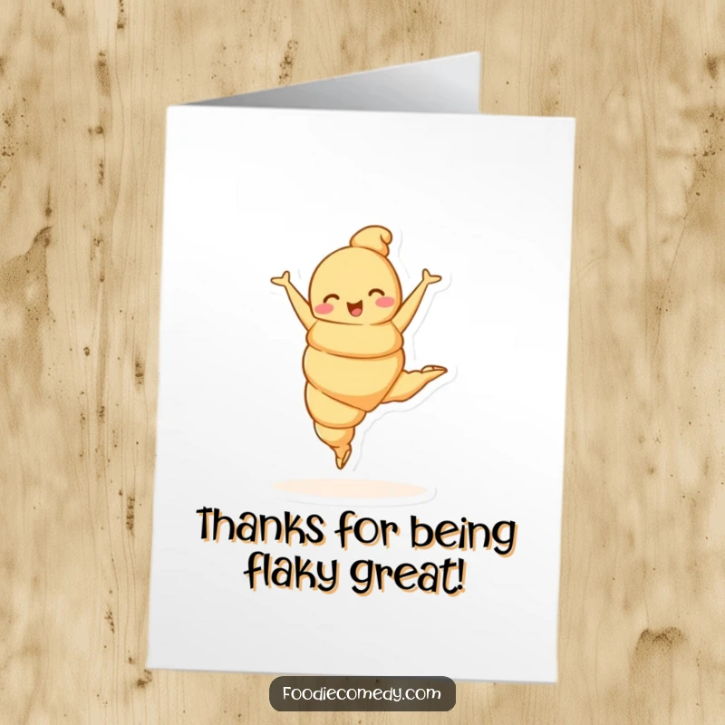 Funny Free Printable Thank You Card: A croissant character mid-leap, sending thanks gracefully.