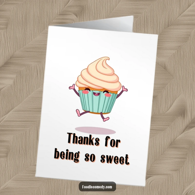 Funny Free Printable Thank You Card: A happy cupcake excitedly performs a cartwheel to express gratitude.