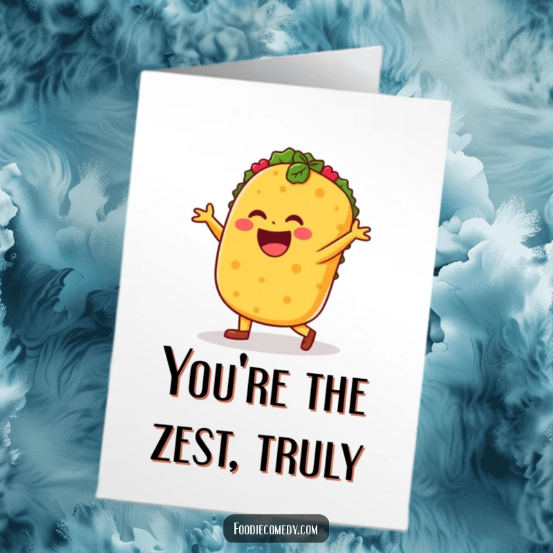 Funny Free Printable thank you card: A joyful taco doing a lively salsa dance, expressing thanks with tasty moves.