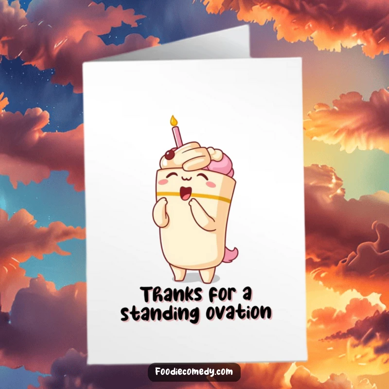 Funny Free Printable Thank You Card featuring a dramatic kawaii cake character bowing gracefully.