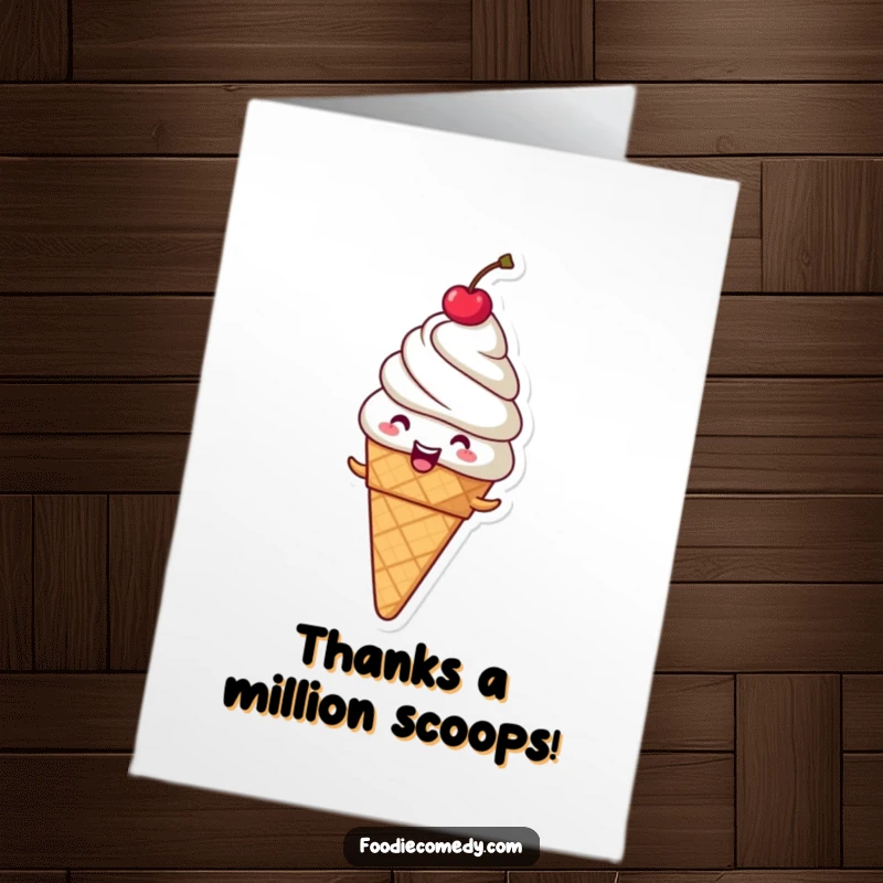 Funny Free Printable Thank You Card featuring a giggling ice cream cone with a cherry spinning with delight.
