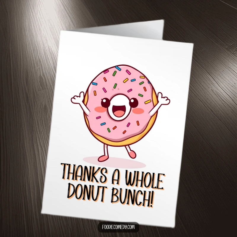 Funny free printable thank you card showing a smiling donut character with sprinkles executing a silly groovy dance.