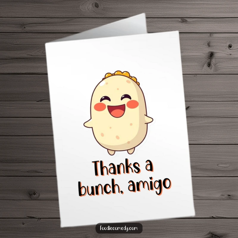 Funny Free Printable Thank You Card: A smiling burrito spinning with a wide, joyful grin, expressing thanks humorously.