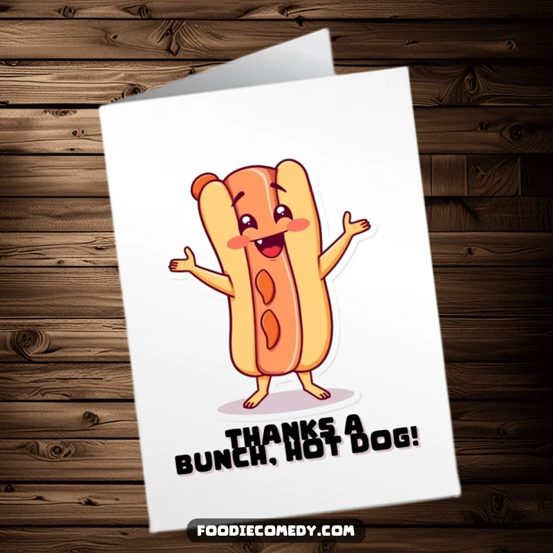 Funny Free Printable Thank You Card: A hot dog character doing the Charleston to express thanks.
