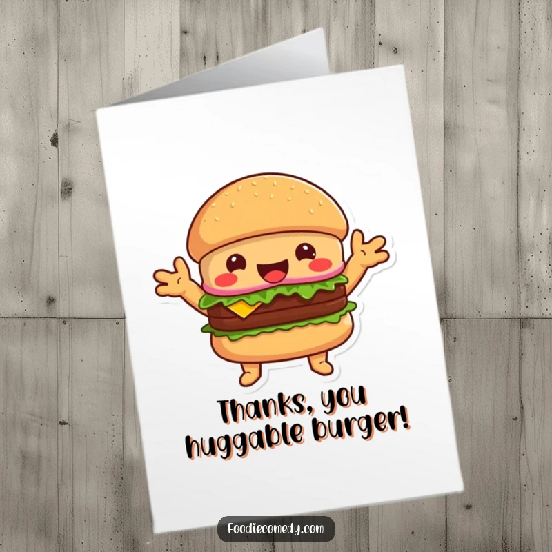 Funny Free Printable Thank You Card of a happy burger with arms wide open, ready to give thanks.