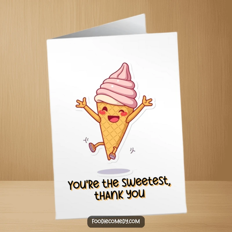 Funny Free Printable Thank You Card: Grinning ice cream cone attempting energetic cartwheels, a thankful dessert showing sweet appreciation.