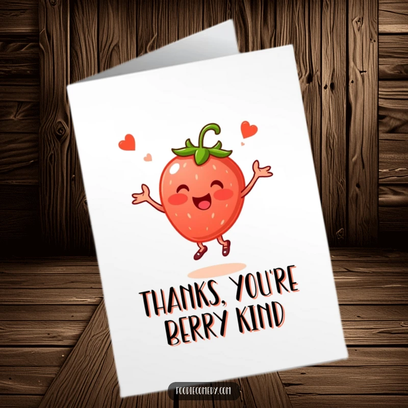 Funny Free Printable Thank You Card: Cheerful strawberry doing a lively folk dance, a thankful berry expressing sweet appreciation.