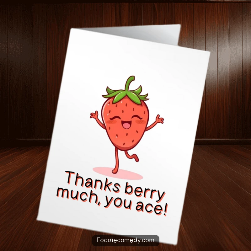 Funny Free Printable Thank You Card showing a giggling strawberry energetically performing a flamenco dance.