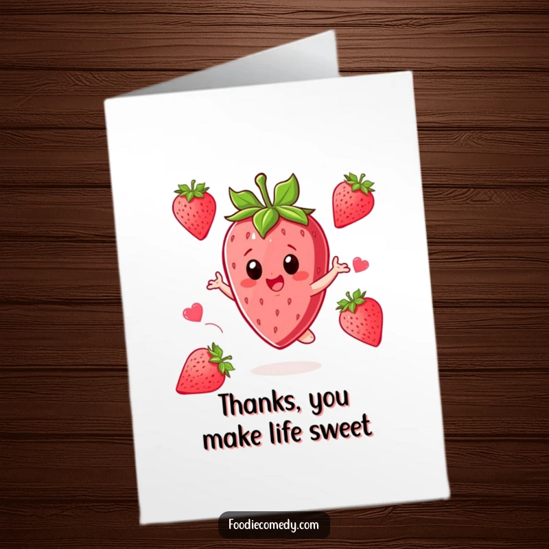 Funny free printable thank you card with a strawberry character doing an excited twirl.
