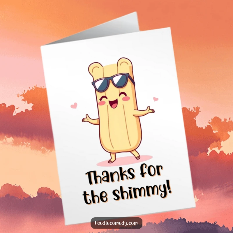 Funny Free Printable Thank You Card: Delighted baguette grooving with a shimmy, expressing thanks with style. A delightful and chic design.