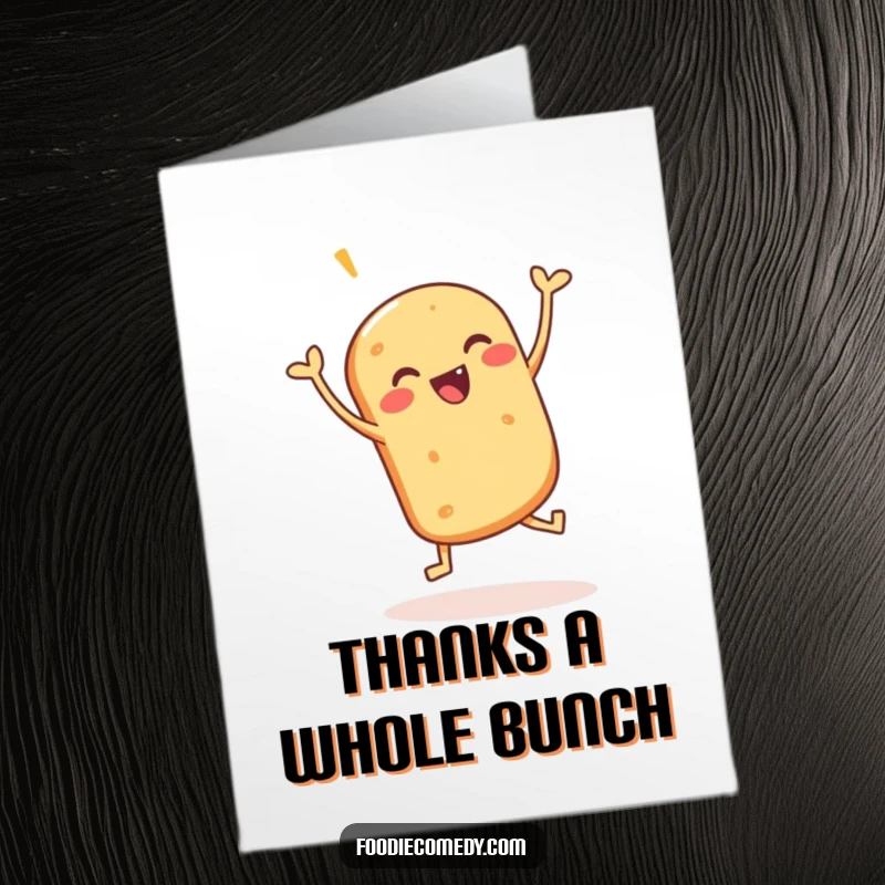 Funny Free Printable Thank You Card: A bread roll doing a celebratory jig, expressing thanks with energetic joy.